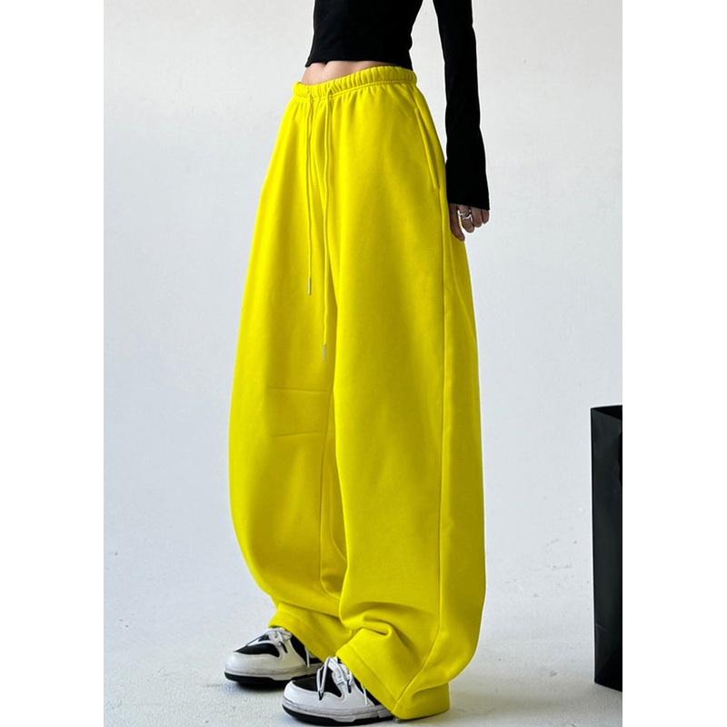 Fashion Yellow Patchwork Elastic Waist Warm Fleece Straight Pants Spring