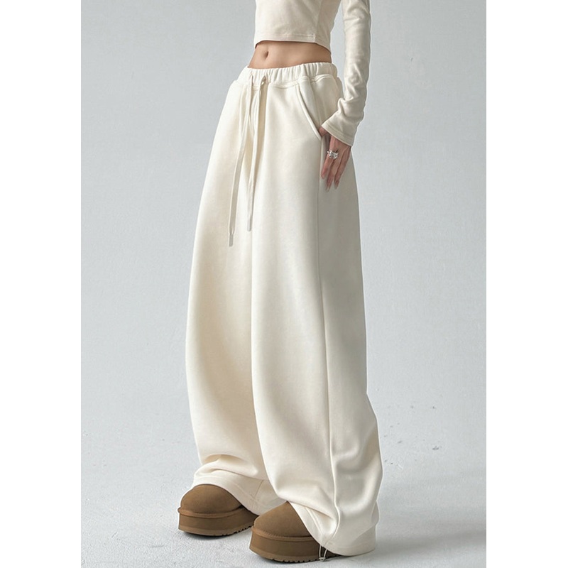 Fine Apricot Pockets Drawstring Thick Wide Leg Pants Spring