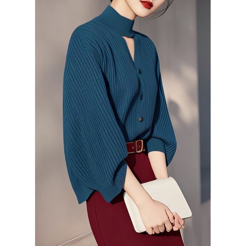 Fine Peacock Blue Turtleneck Hollow Out Cotton Knit Sweater Spring