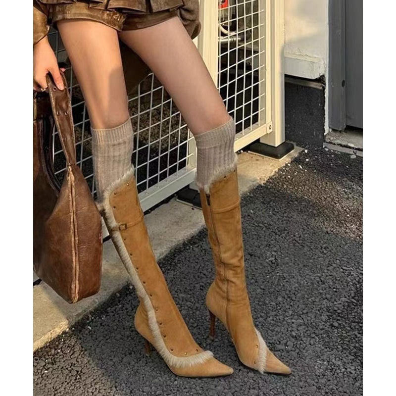Fine Splicing Stiletto Boots Yellow Suede Fuzzy Wool Lined Pointed Toe