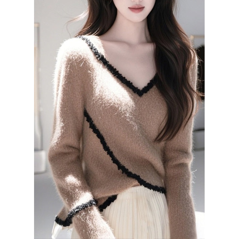 Fitted Coffee V Neck Lace Patchwork Knit Pullover Spring