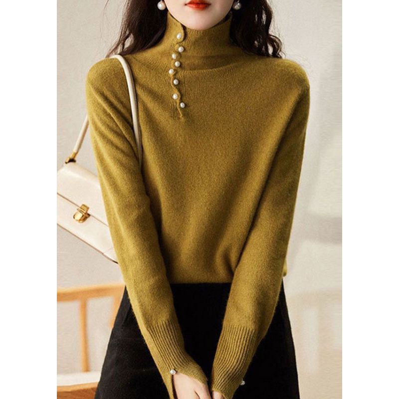 Fitted Yellow Hign Neck Bead Button Woolen Sweater Spring