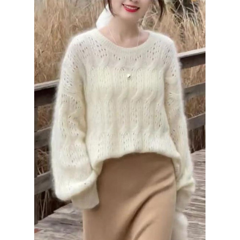 French Beige O Neck Hollow Out Woolen Knit Sweaters Spring