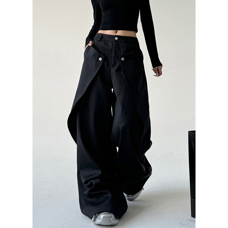 French Black Asymmetrical Pockets Draping Straight Pants Spring