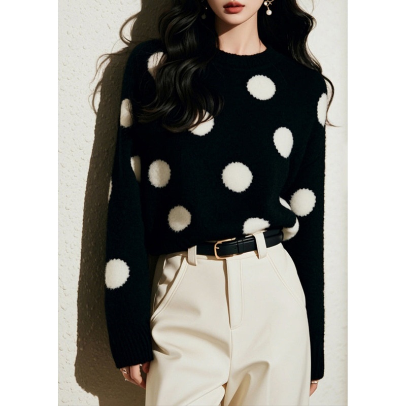 French Black O-Neck Dot Print Cozy Cotton Knit Sweater Spring