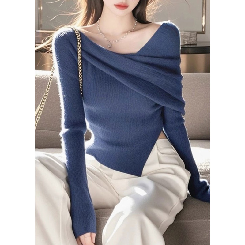 French Blue Slash Neck Asymmetrical Knit Sweaters Spring