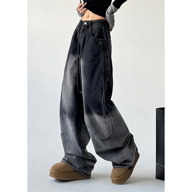 Gradient Color Black High Wais Straight Denim Pants Spring