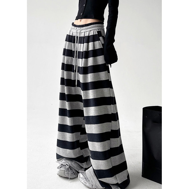 Handmade Black Striped Tie Waist Wide Leg Pants Spring