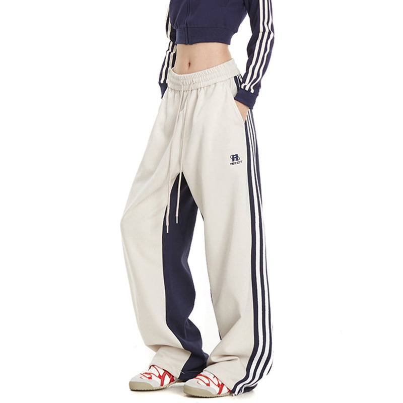 Handmade Blue Pockets Striped Patchwork Straight Pants Spring