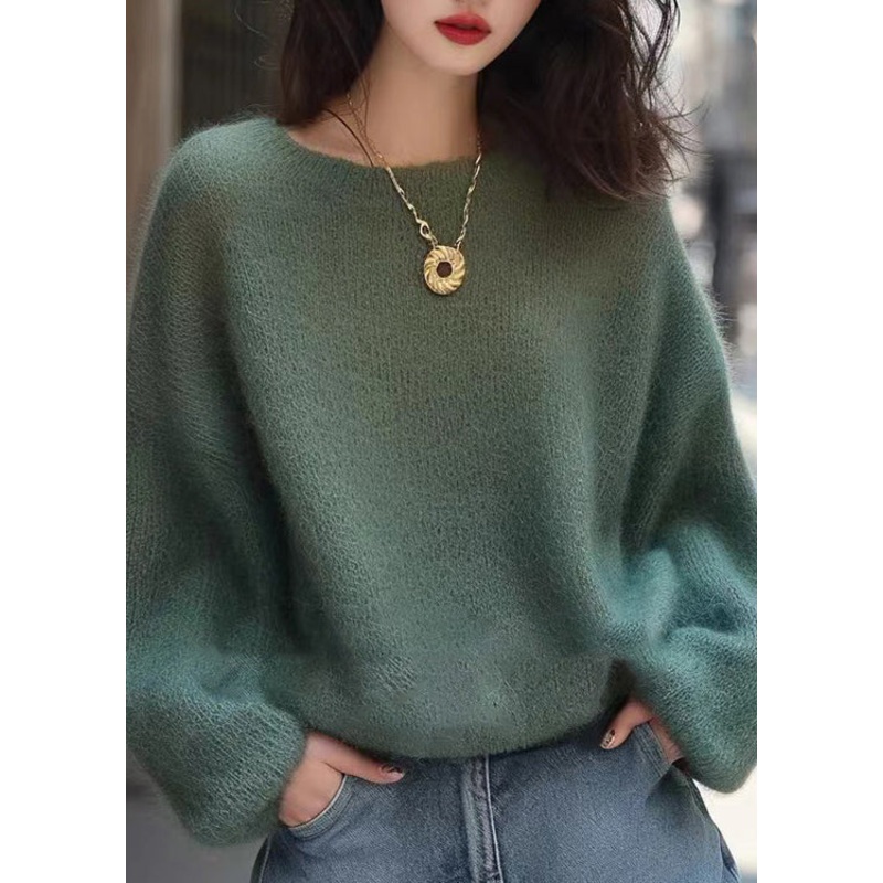 Handmade Green O Neck Cozy Knit Sweaters Spring