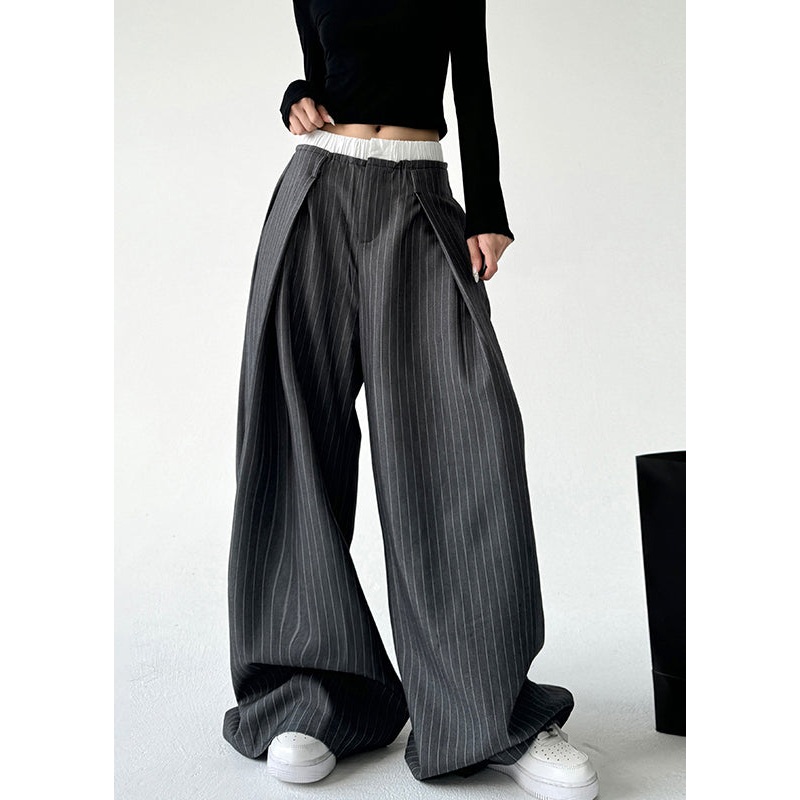 Handmade Grey Striped High Waist Straight Pants Spring