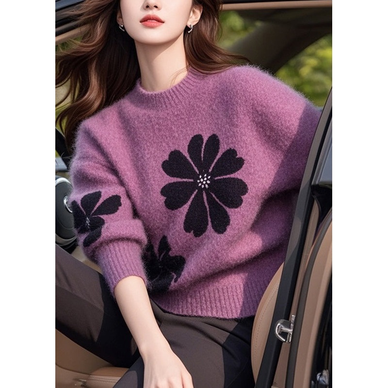 Italian Purple O Neck Thick Print Knit Sweater Tops Winter