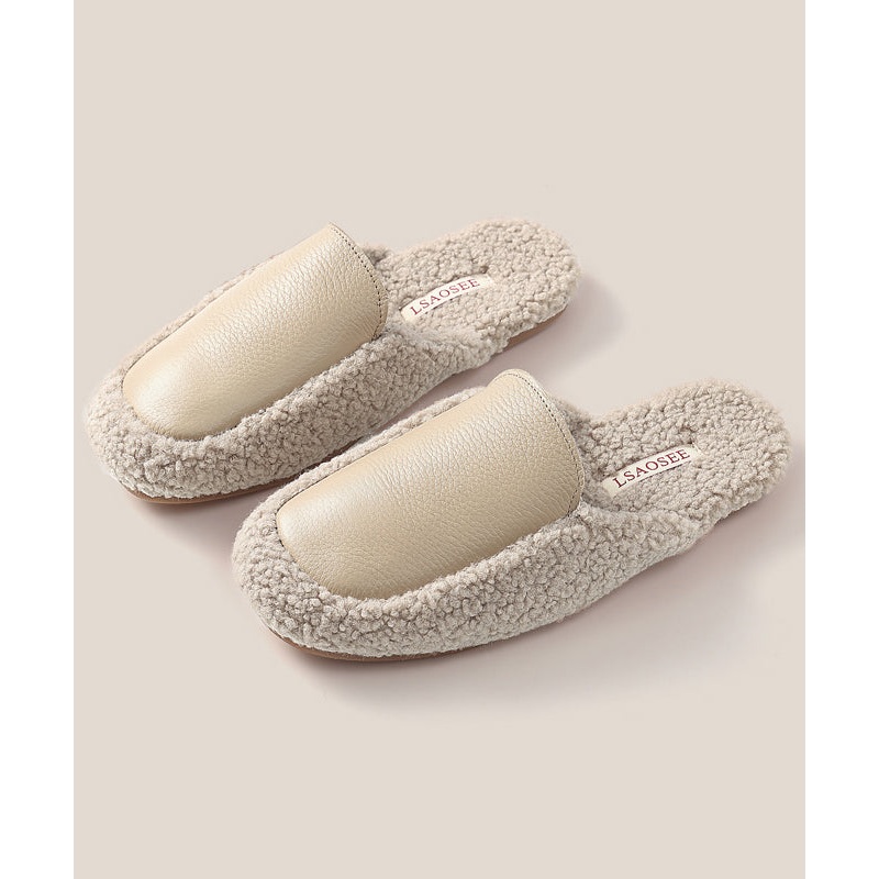 Khaki Comfy Slippers Shoes Splicing Fuzzy Wool Lined
