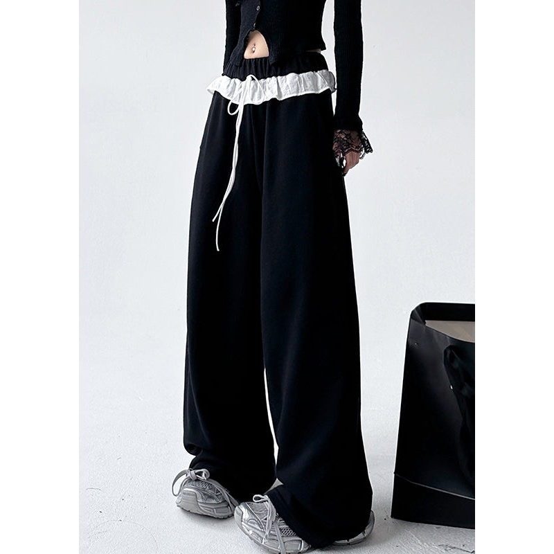 Loose Black Patchwork Tie Waist Straight Pants Spring