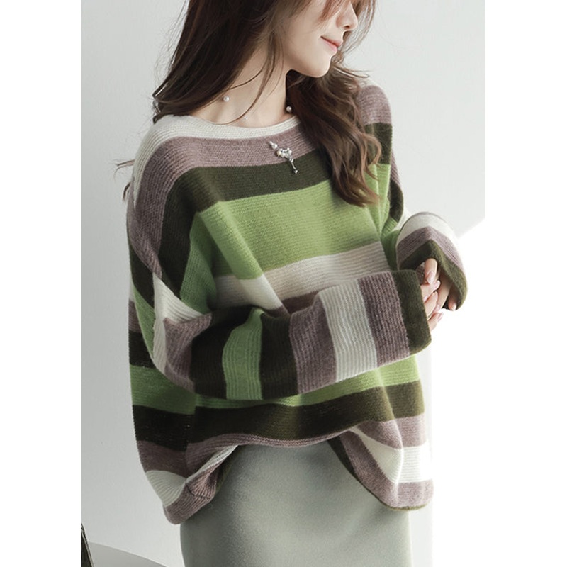 Loose Colorblock Slash Neck Striped Knit Sweater Spring