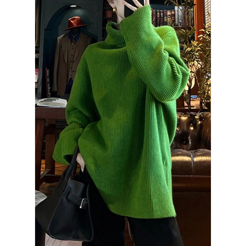 Loose Green Turtleneck Side Open Cotton Knit Sweater Spring