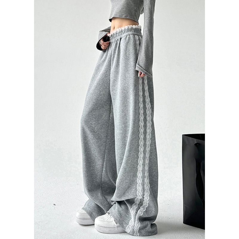 Loose Grey Lace Patchwork Elastic Waist Wide Leg Pants Spring