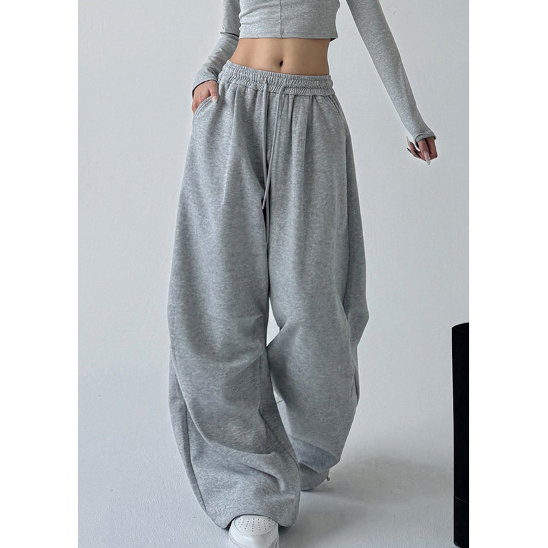 Loose Light Grey Pockets Drawstring Wide Leg Pants Spring