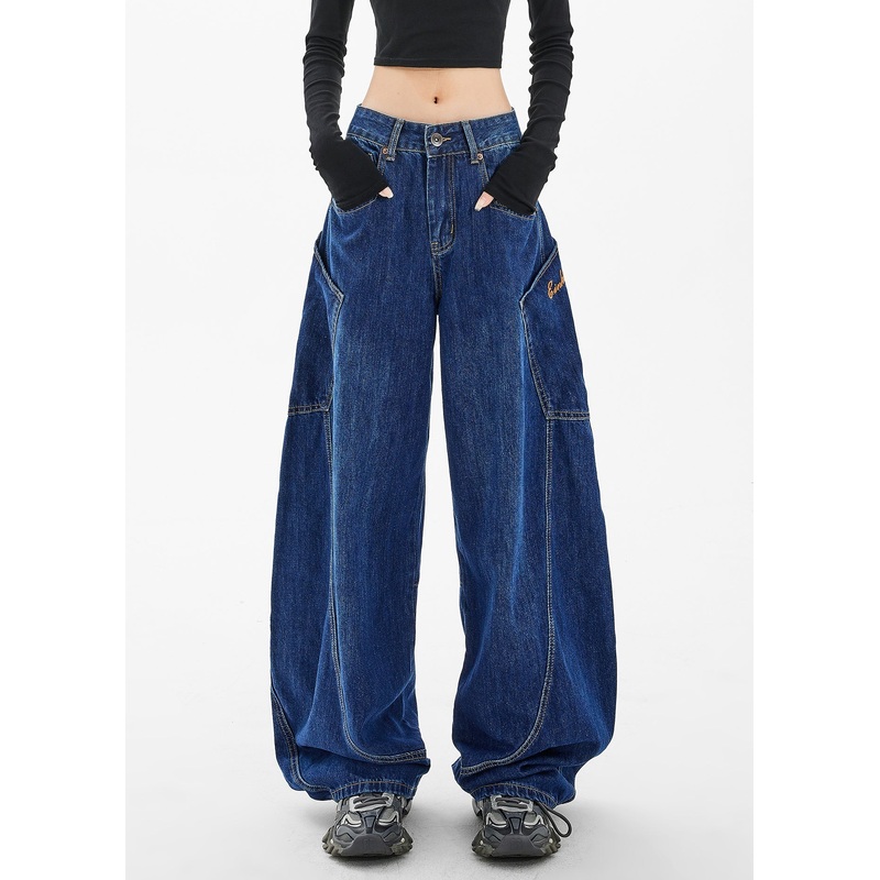 Loose Navy Pockets Wide Leg Denim Pants Spring