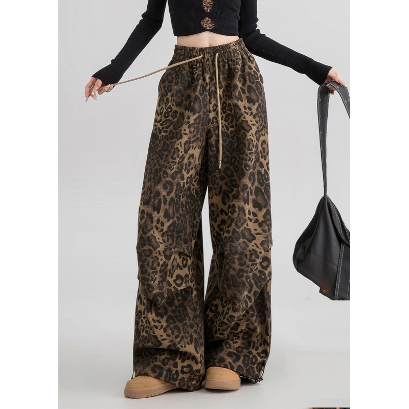 Natural Leopard Pockets Print Drawstring Straight Pants Spring