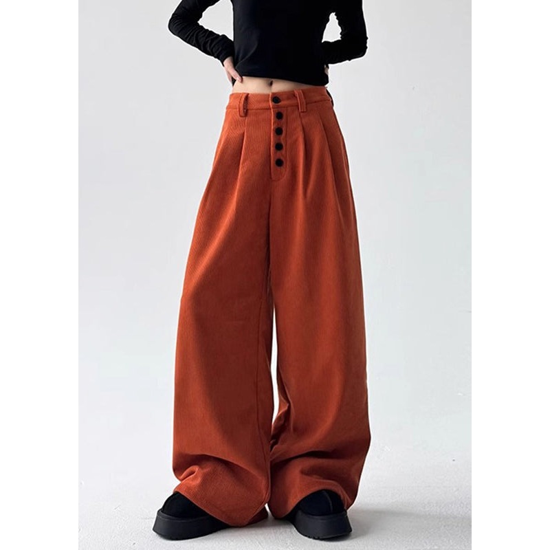 Natural Orange Pockets Patchwork High Waist Corduroy Wide Leg Pants Spring