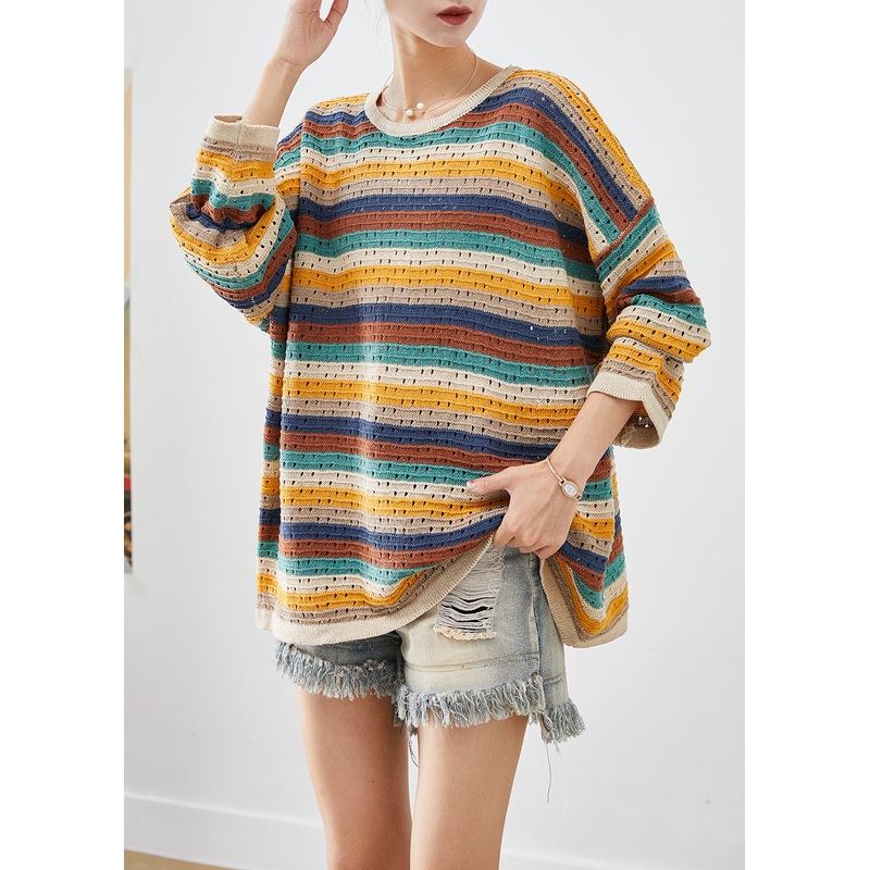 Natural Rainbow Striped Hollow Out Knit Sweater Spring