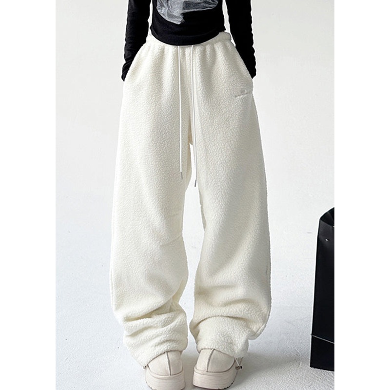 Natural White Elastic Waist Drawstring Beam Pants Spring