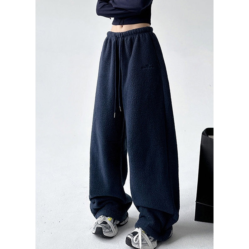 Navy Elastic Waist Warm Fleece Wide Leg Pants