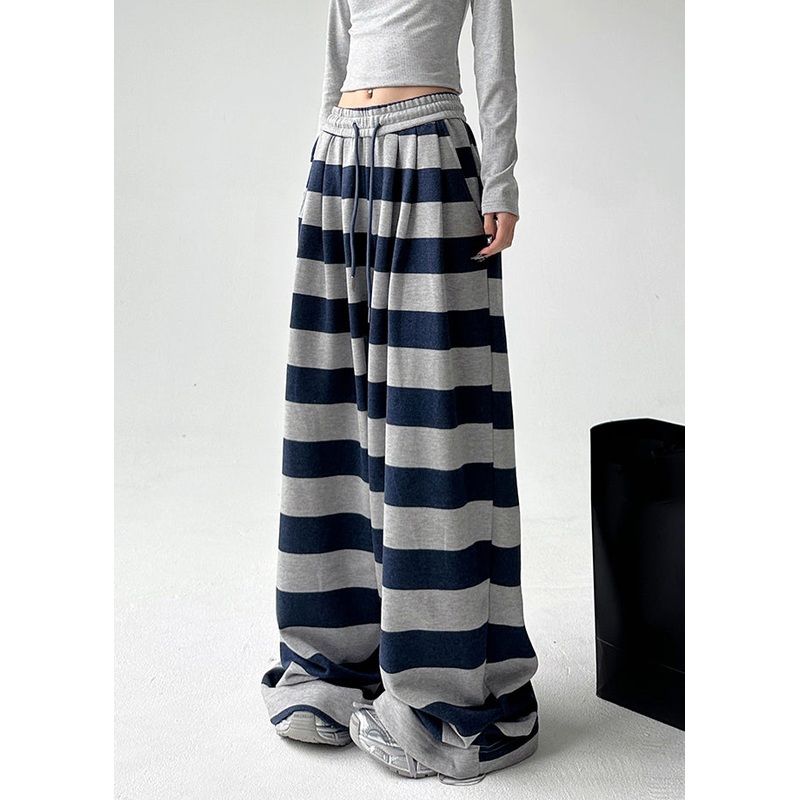 Navy Pockets Drawstring Straight Pants Spring