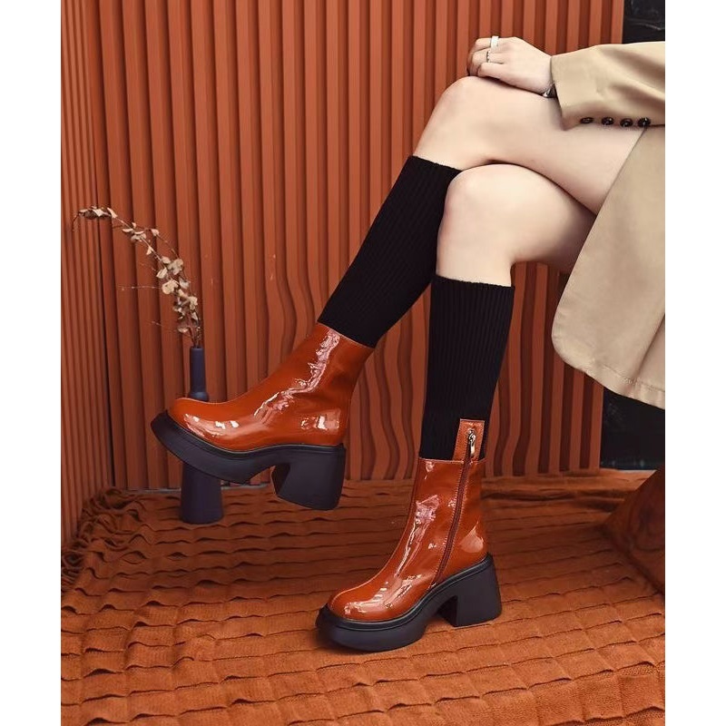 New Orange Faux Leather Splicing Chunky Heel Boots