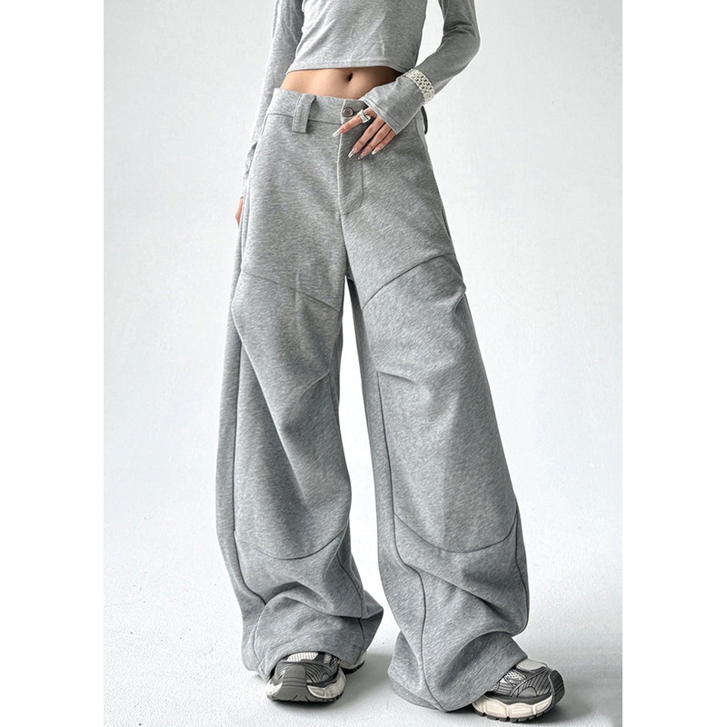 Novelty Grey Wrinkled Patchwork Tie Waist Trousers Spring