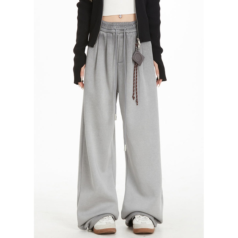 Organic Grey Elastic Waist Patchwork Thick Straight Pants Spring