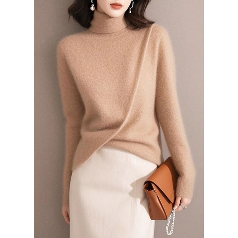 Organic Light Camel Asymmetrical Solid Cotton Knit Sweaters Sprin