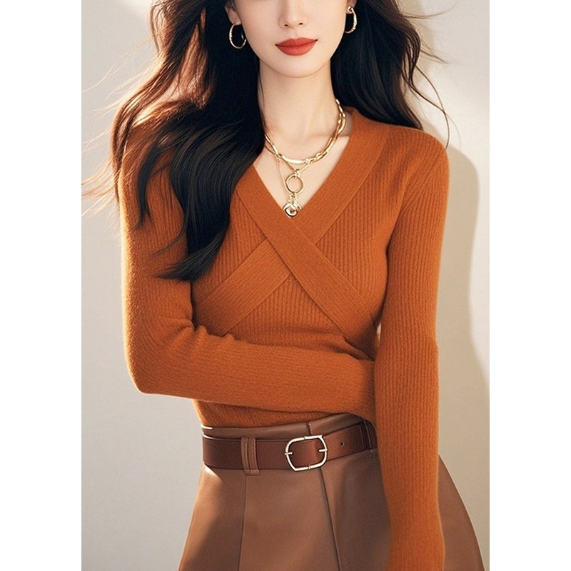 Organic Orange V Neck Patchwork Cotton Knit Sweater Spring