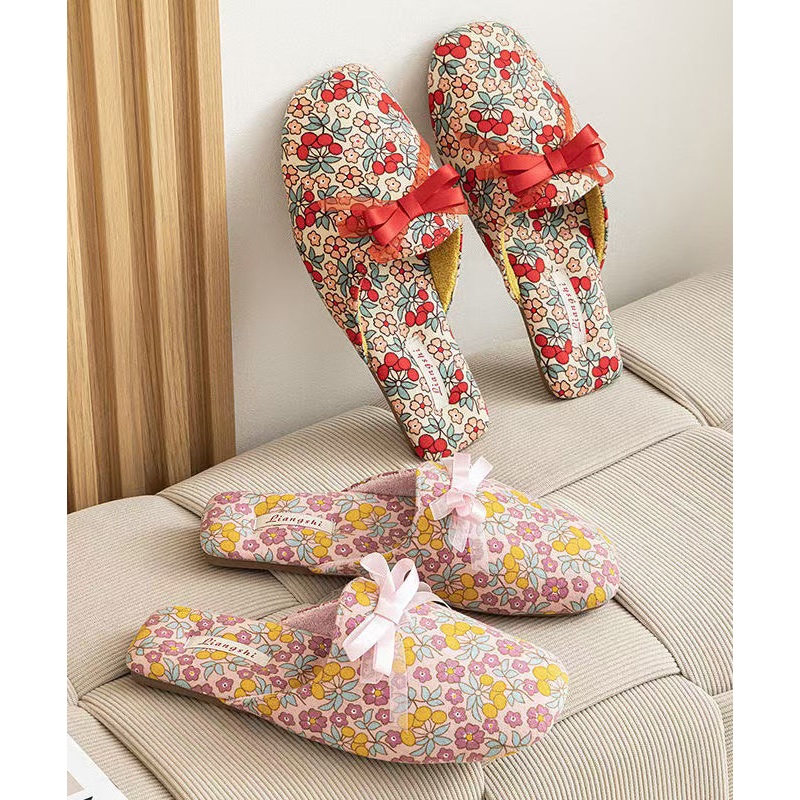 Pink Print Slippers Shoes Cotton Fabric Comfy Splicing