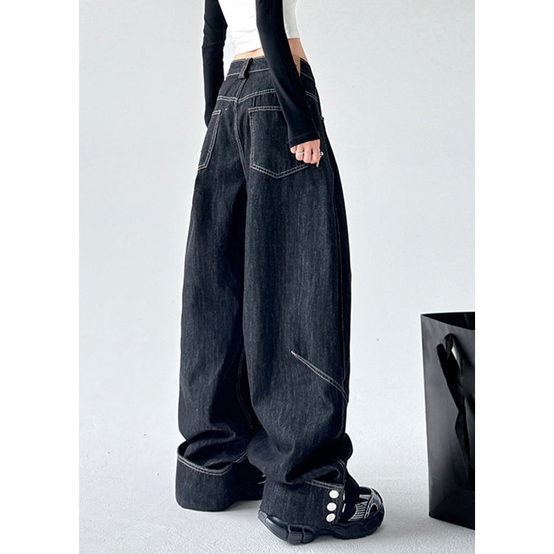 Plus Size Black High Waist Patchwork Straight Denim Pants Spring