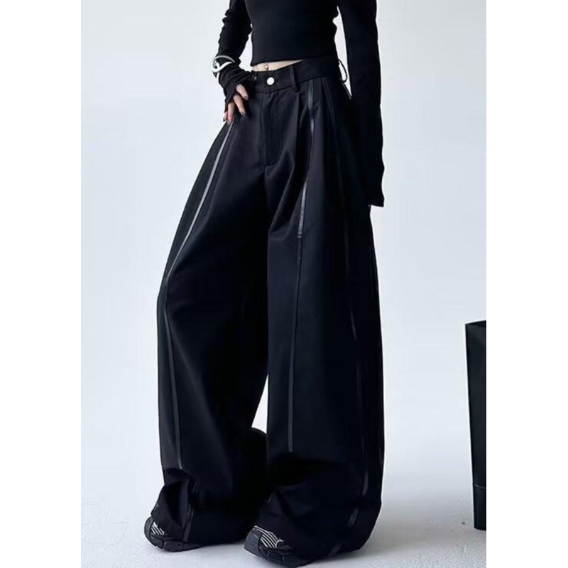 Plus Size Black Striped Patchwork Pockets Lantern Pants Spring