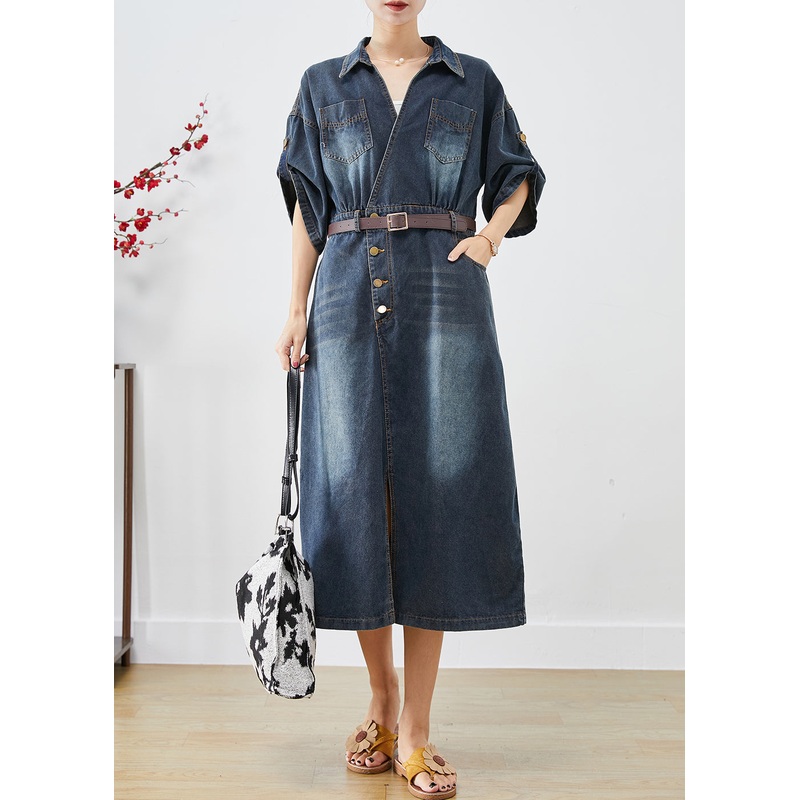 Plus Size Navy V Neck Denim Holiday Dress Spring