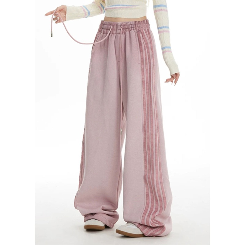 Plus Size Pink Striped Elastic Waist Wide Leg Pants Spring