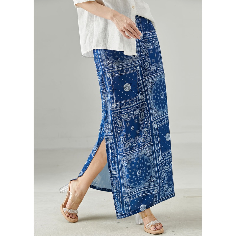 Silm Fit Blue Print Side Open Linen Skirts Summer