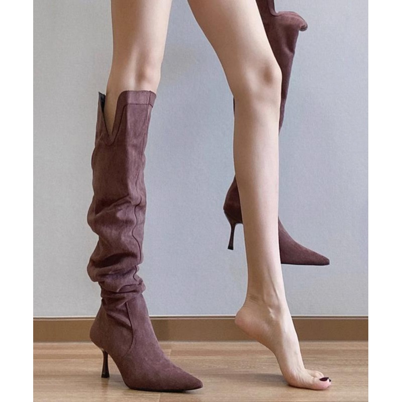 Simple Splicing High Heel Boots Purple Suede