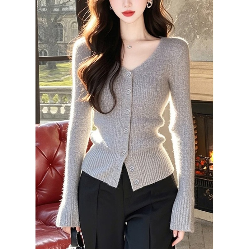 Slim Fit Grey V Neck Button Knit Sweaters Spring