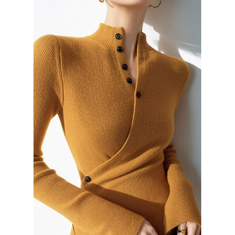 Slim Fit Yellow Asymmetrical Patchwork Knit Sweaters Spring