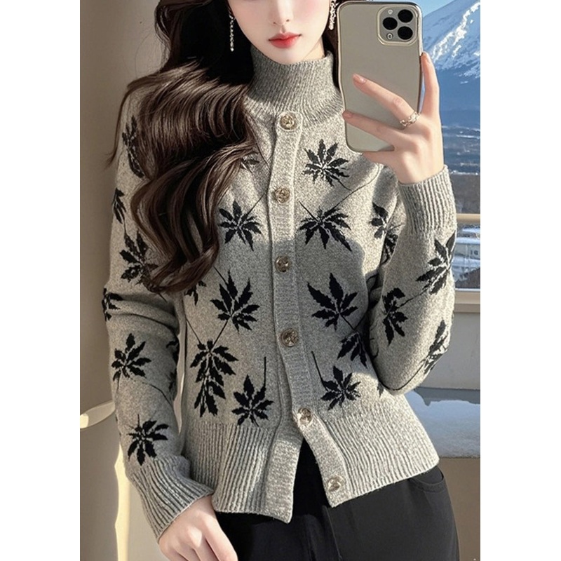 Style Grey Hign Neck Print Knit Sweaters Spring
