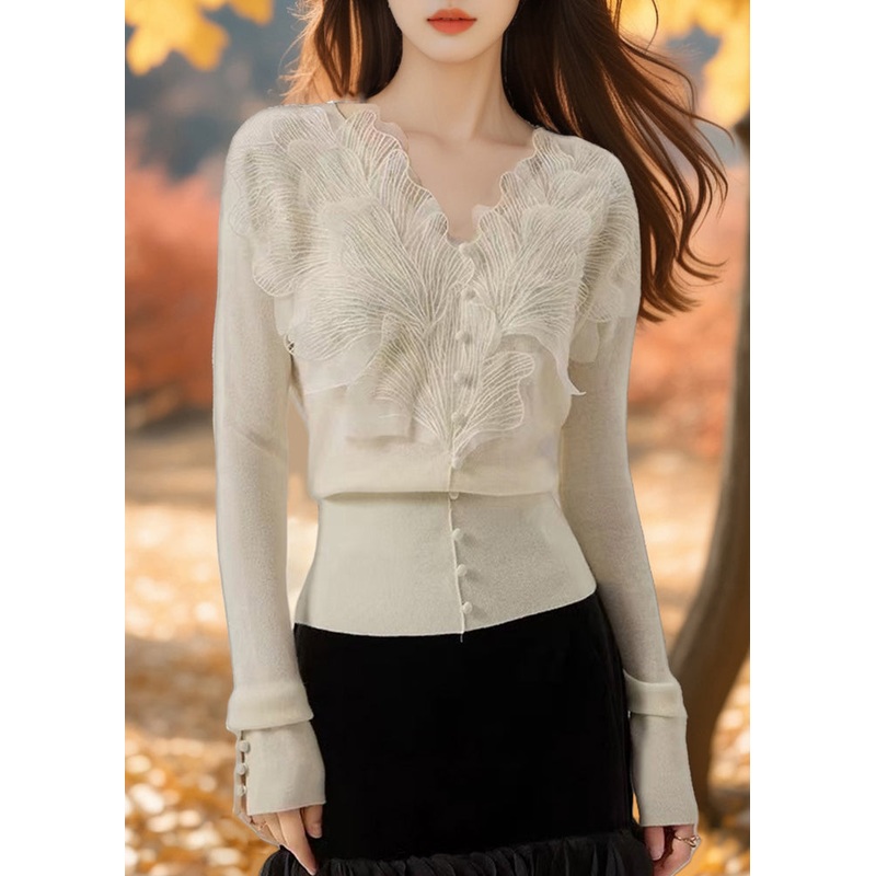 Stylish Apricot V Neck Ruffled Lace Patchwork Knit Sweaters Spring
