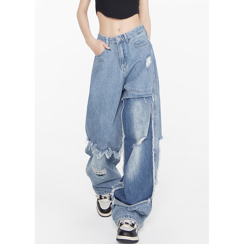 Stylish Blue High Waist Hole Patchwork Denim Pants Spring