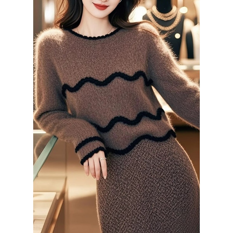 Stylish Brown O Neck Sweaters And Skirts Knit Two Pieces Set Spring