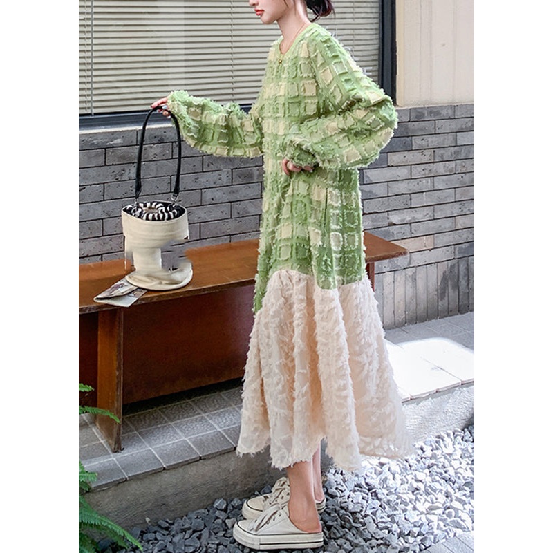 Stylish Green O-Neck Plaid Patchwork Long Dress Spring