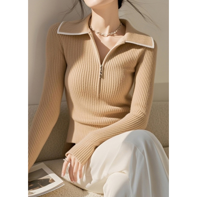 Stylish Khaki Peter Pan Collar Zip Up Knit Sweaters Spring