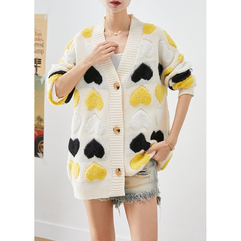 Unique Beige Oversized Love Jacquard Knit Cardigans Spring